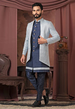 Load image into Gallery viewer, Navy Blue Jacquard Jacket Style Sherwani
