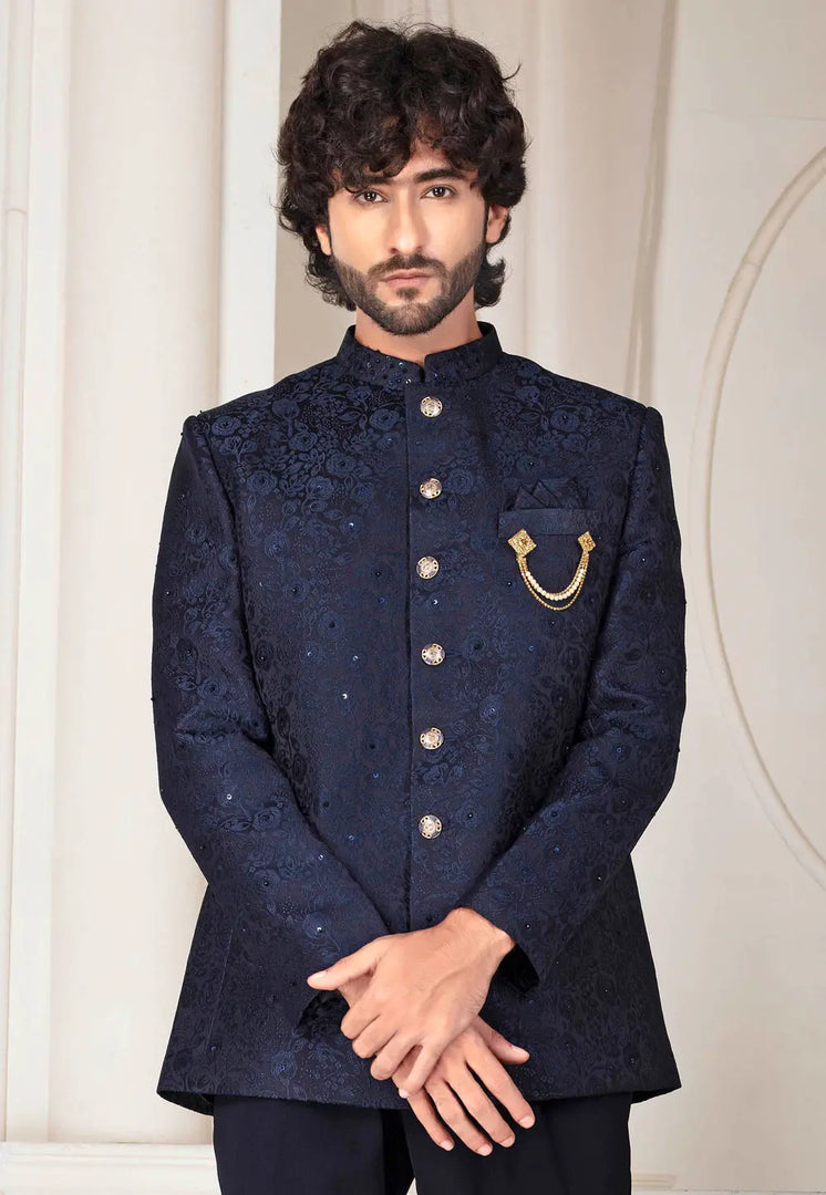 Navy Blue Jacquard Jodhpuri Suit