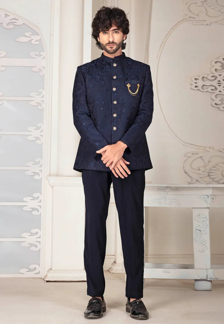 Navy Blue Jacquard Jodhpuri Suit