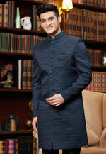 Load image into Gallery viewer, Navy Blue Jacquard Silk Indo Western Sherwani
