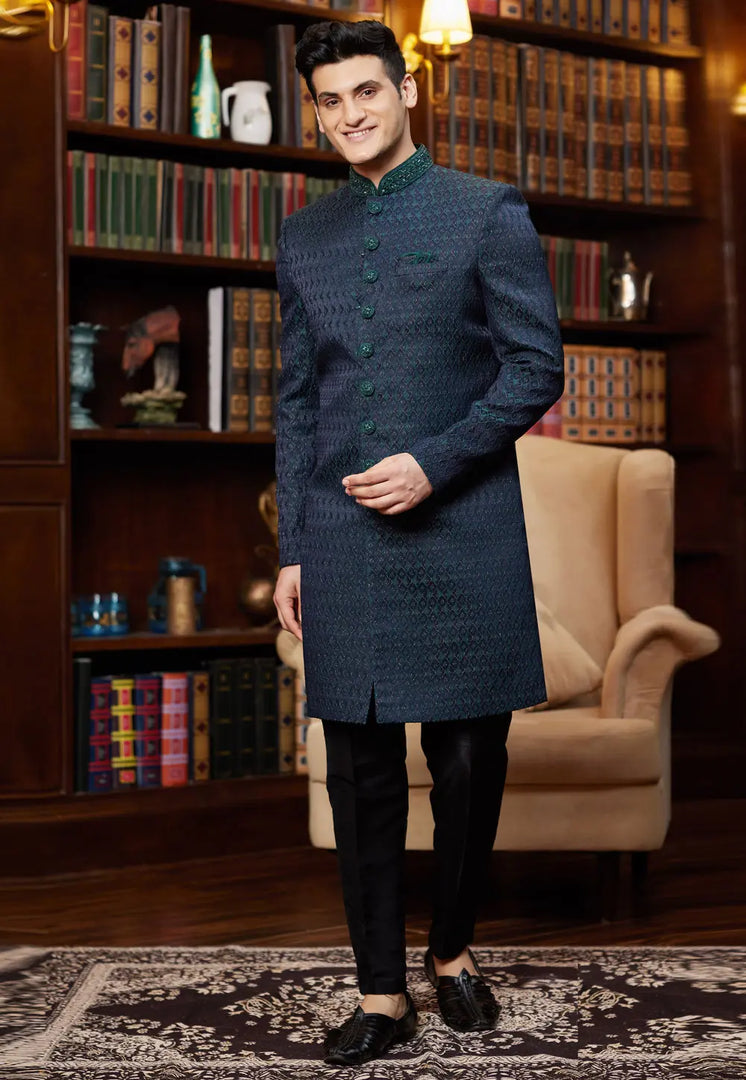 Navy Blue Jacquard Silk Indo Western Sherwani