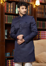Load image into Gallery viewer, Navy Blue Jacquard Silk Indo Western Sherwani
