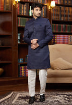 Load image into Gallery viewer, Navy Blue Jacquard Silk Indo Western Sherwani

