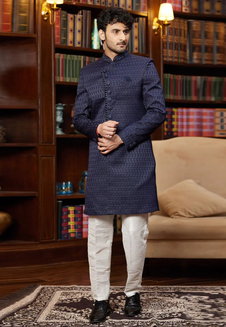 Navy Blue Jacquard Silk Indo Western Sherwani