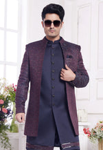 Load image into Gallery viewer, Navy Blue Jacquard Silk Jacket Style Sherwani
