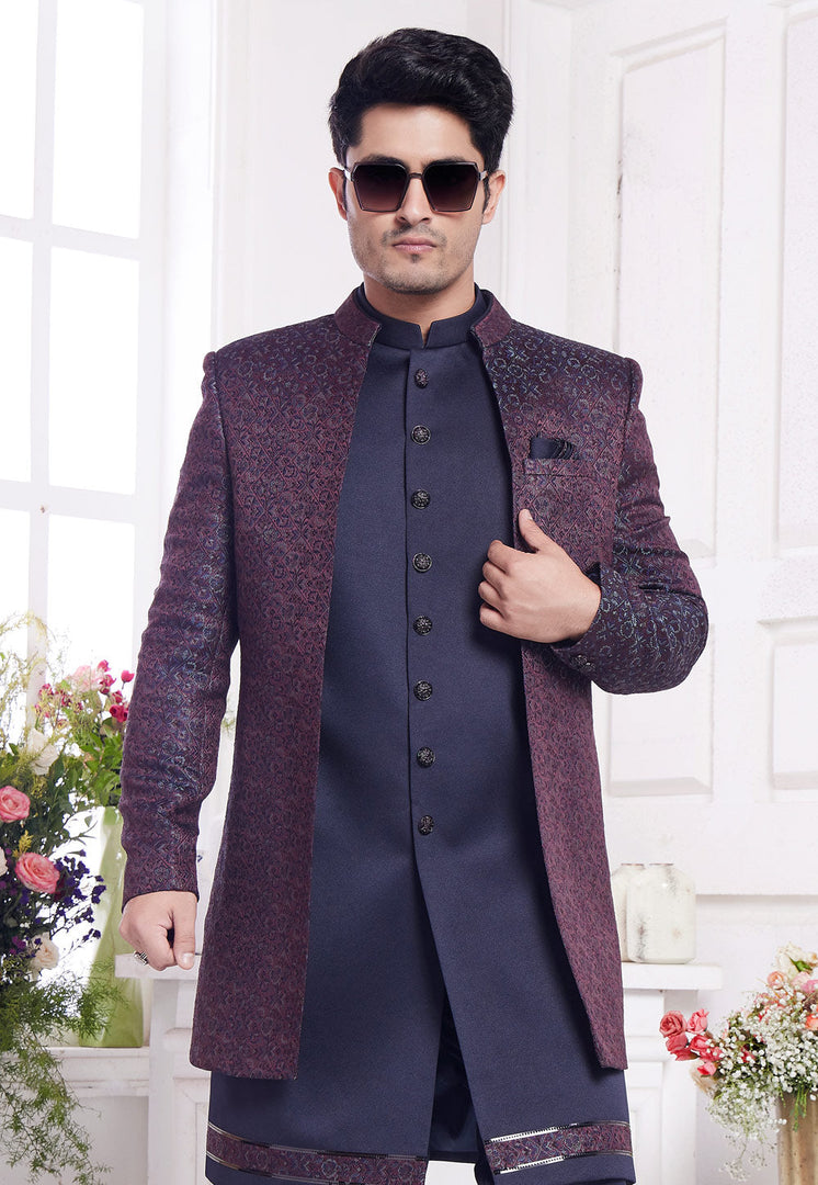 Navy Blue Jacquard Silk Jacket Style Sherwani