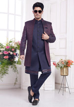 Load image into Gallery viewer, Navy Blue Jacquard Silk Jacket Style Sherwani
