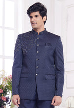 Load image into Gallery viewer, Navy Blue Jacquard Silk Jodhpuri Suit
