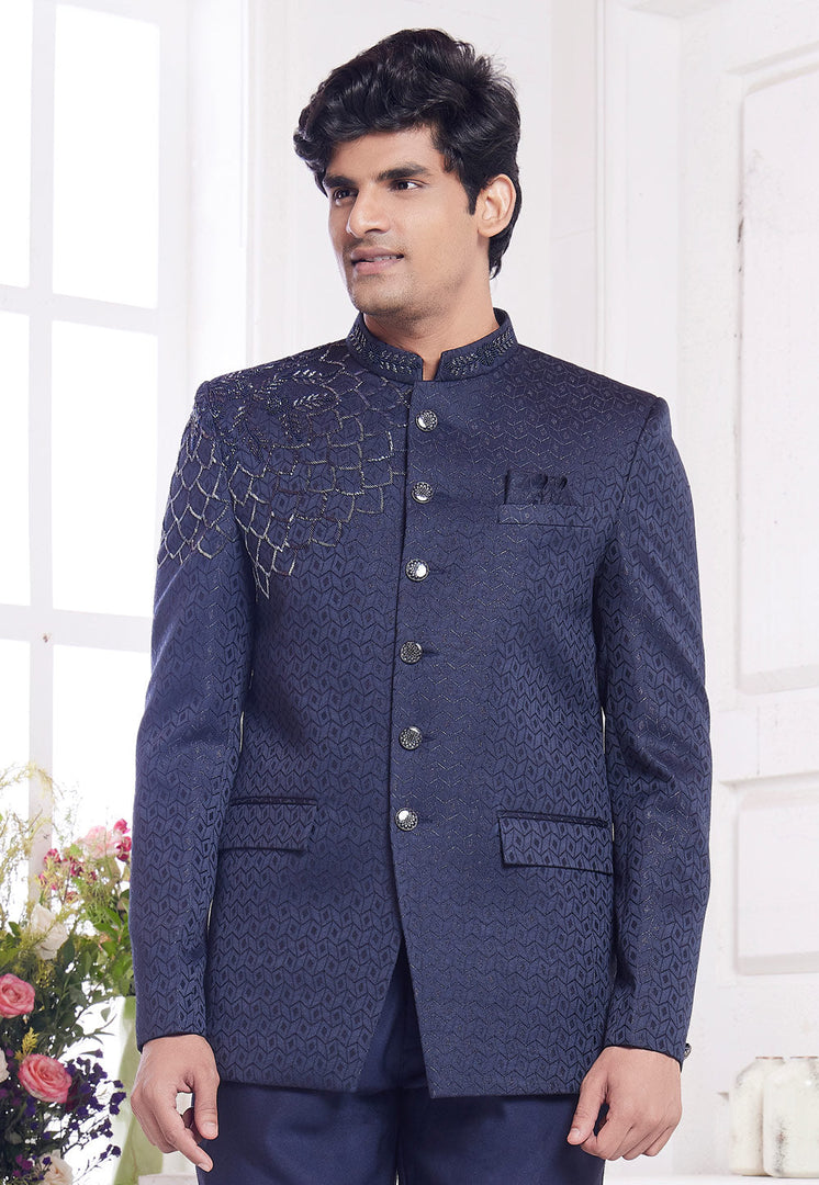 Navy Blue Jacquard Silk Jodhpuri Suit