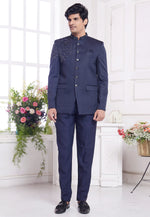 Load image into Gallery viewer, Navy Blue Jacquard Silk Jodhpuri Suit
