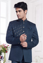 Load image into Gallery viewer, Navy Blue Jacquard Silk Jodhpuri Suit
