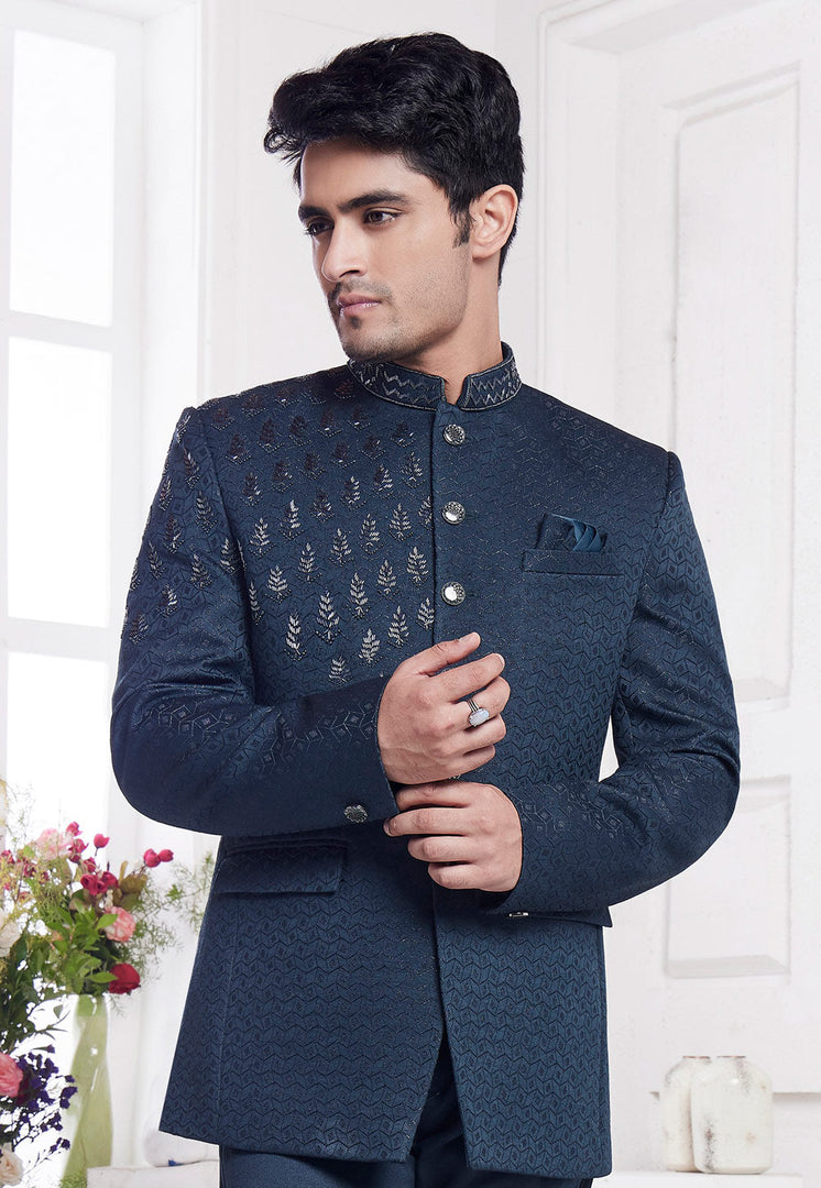 Navy Blue Jacquard Silk Jodhpuri Suit