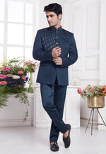 Load image into Gallery viewer, Navy Blue Jacquard Silk Jodhpuri Suit
