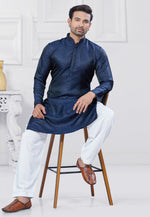 Load image into Gallery viewer, Navy Blue Jacquard Silk Pathani Suit
