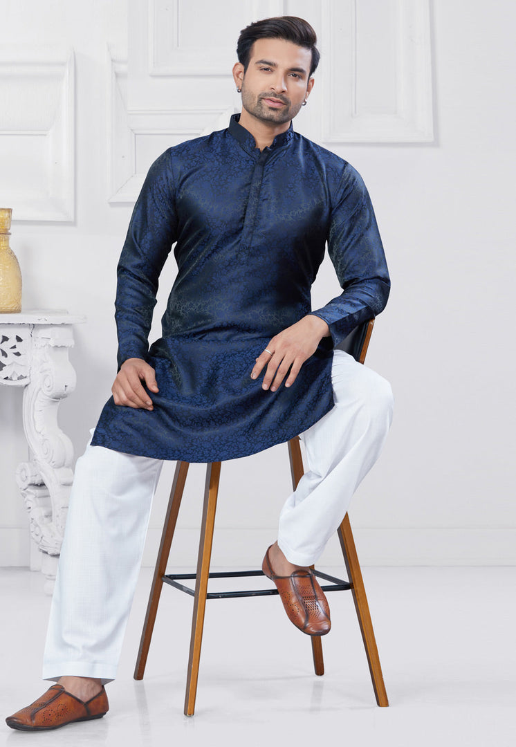 Navy Blue Jacquard Silk Pathani Suit