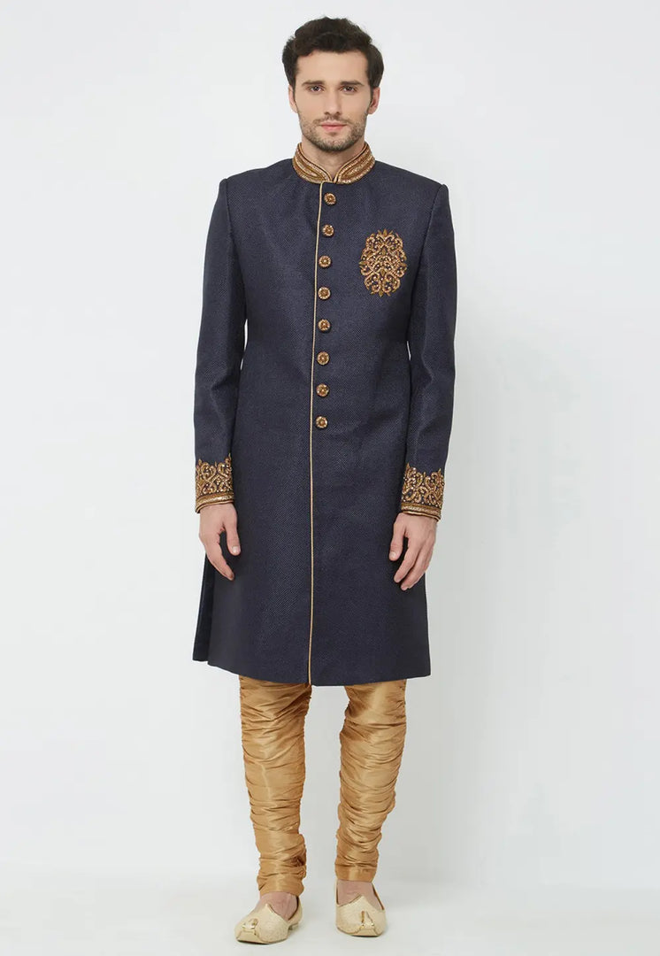 Navy Blue Jute Sherwani