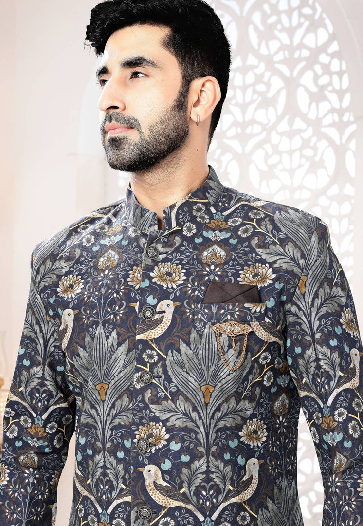 Navy Blue Linen Indo Western Suit