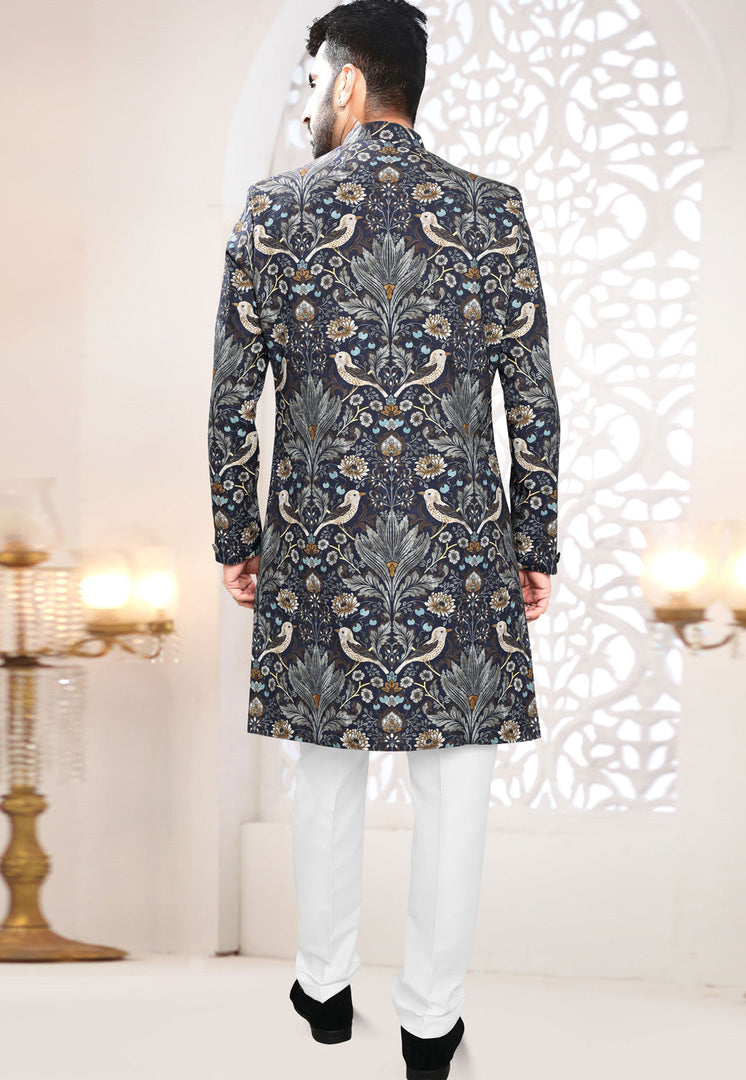 Navy Blue Linen Indo Western Suit