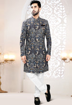 Load image into Gallery viewer, Navy Blue Linen Indo Western Suit

