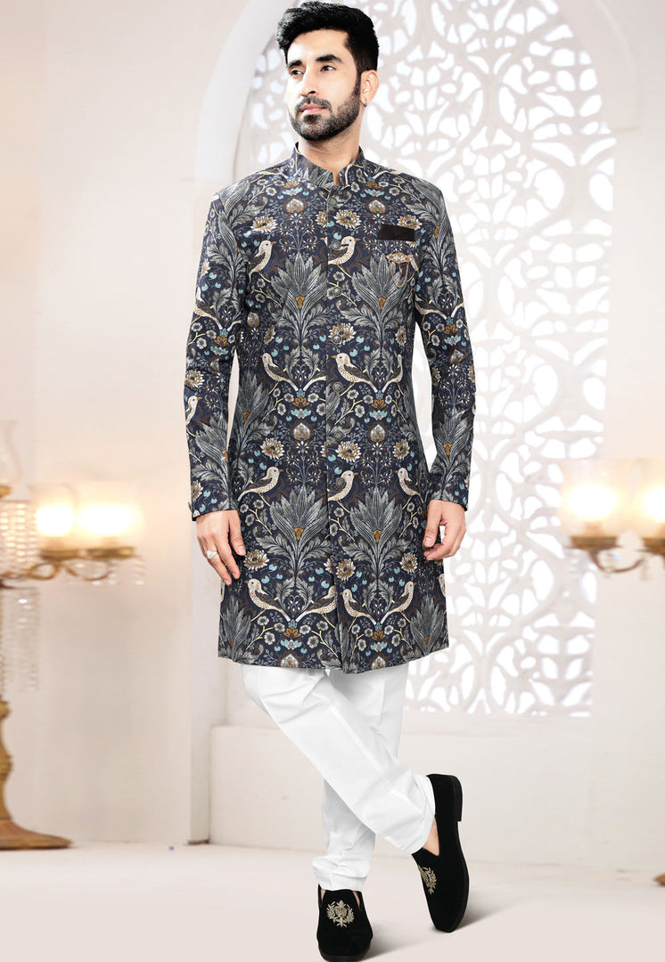 Navy Blue Linen Indo Western Suit