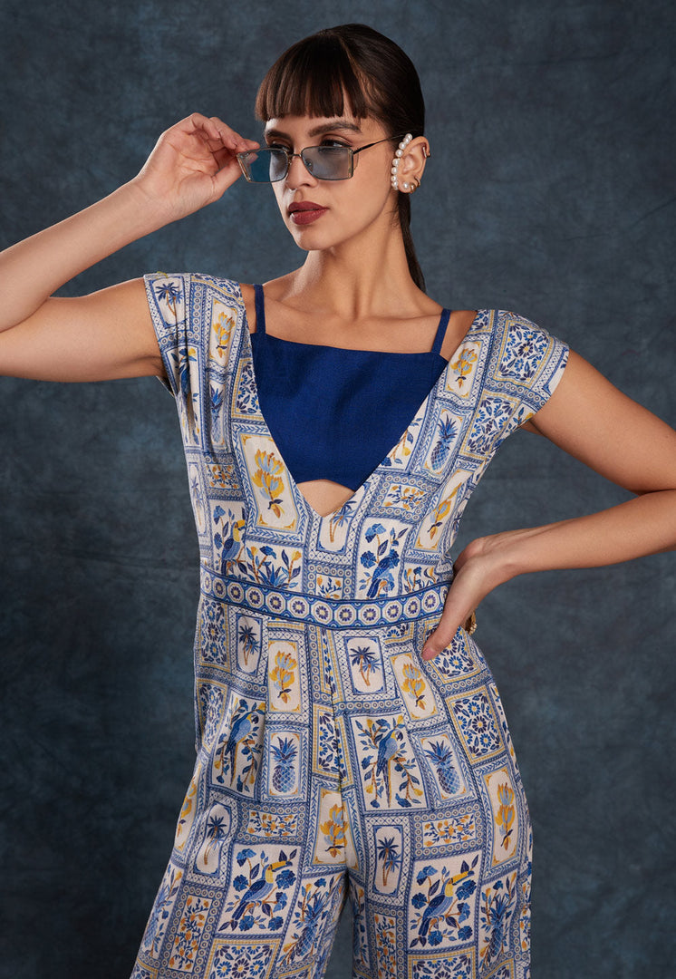 Navy Blue Linen Printed Jumpsuit