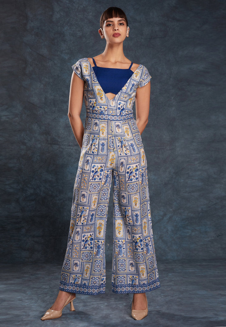 Navy Blue Linen Printed Jumpsuit