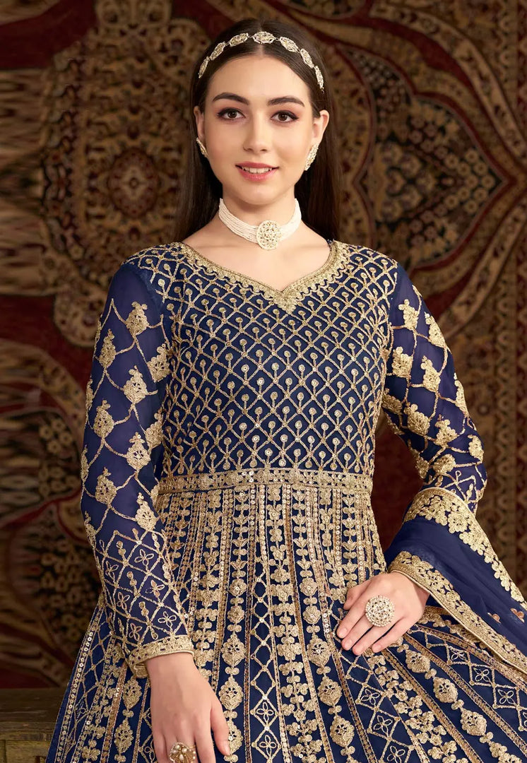 Navy Blue Net Embroidered Anarkali Suit