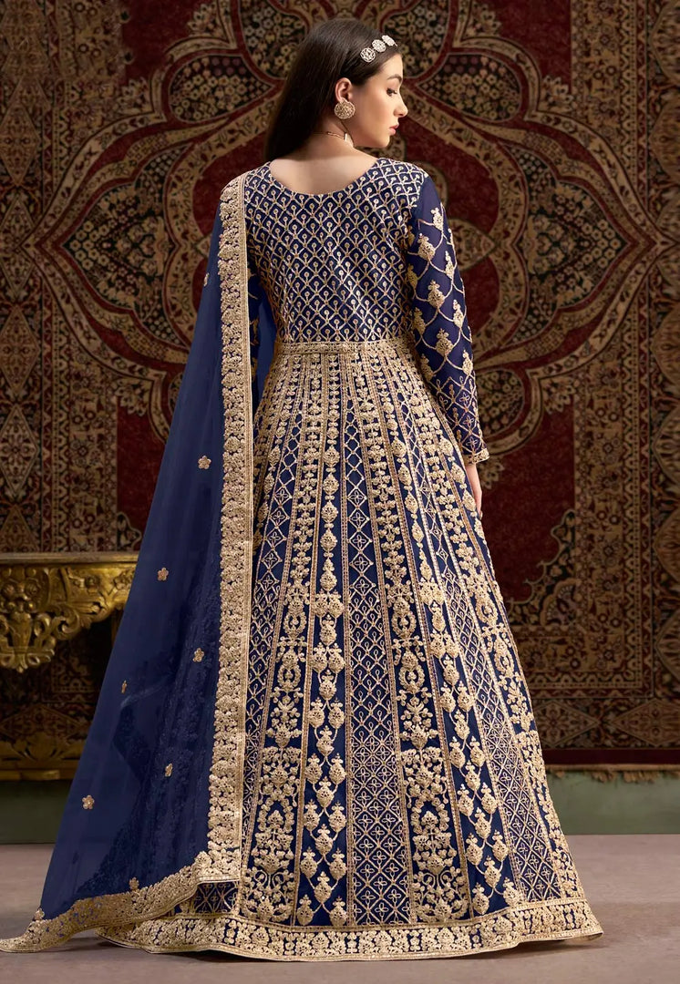 Navy Blue Net Embroidered Anarkali Suit