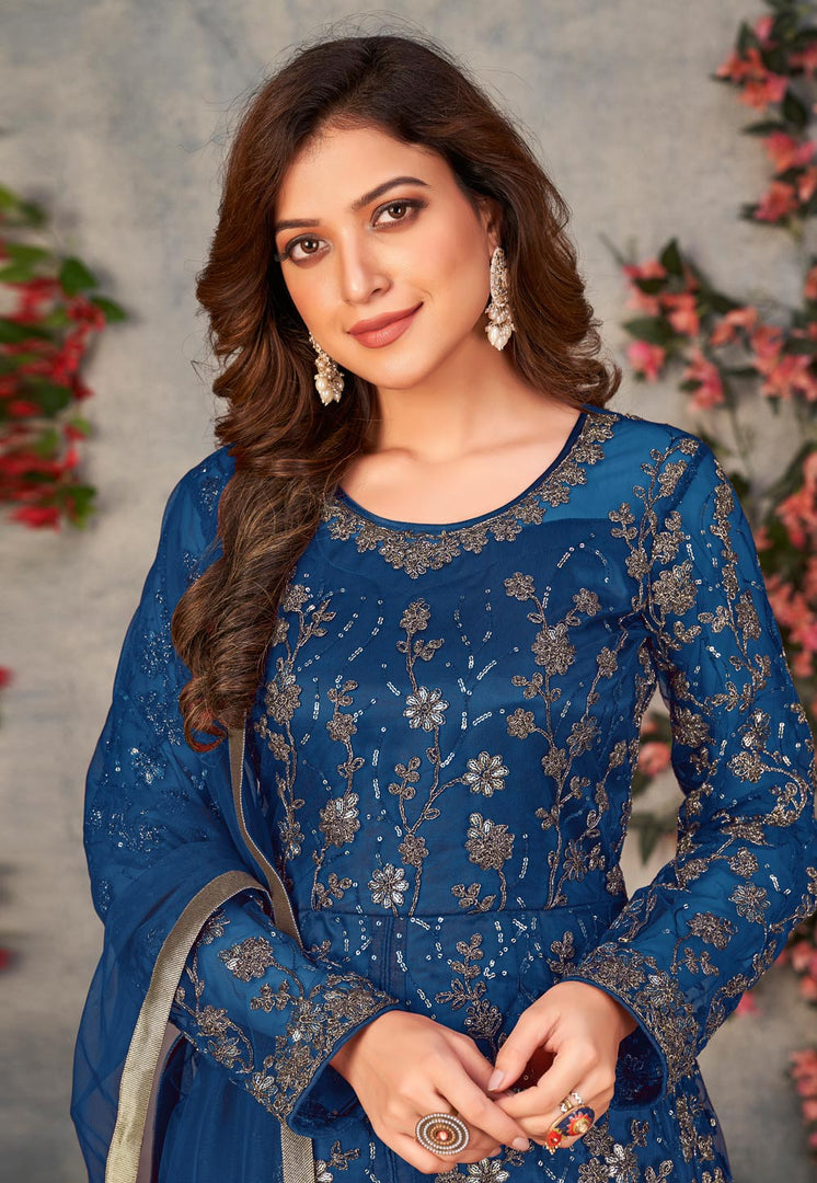 Navy Blue Net Embroidered Anarkali Suit