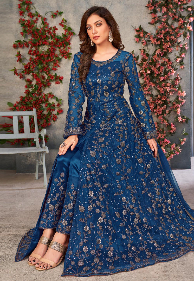 Navy Blue Net Embroidered Anarkali Suit