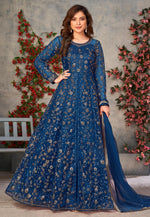 Load image into Gallery viewer, Navy Blue Net Embroidered Anarkali Suit
