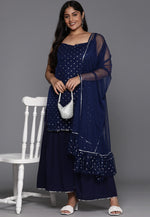 Load image into Gallery viewer, Navy Blue Net Readymade Sharara Suit
