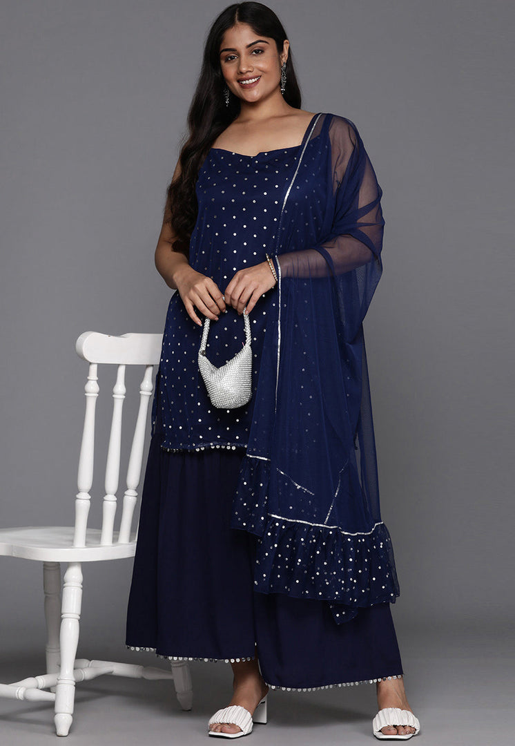 Navy Blue Net Readymade Sharara Suit