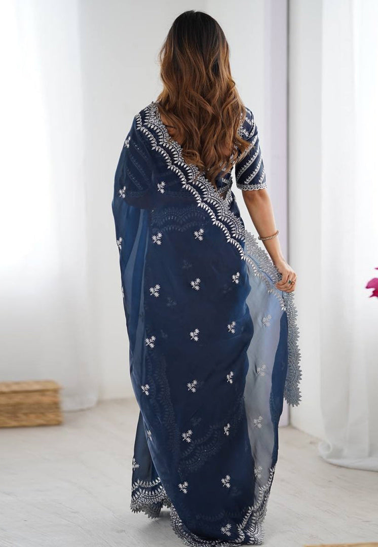 Navy Blue Organza Saree With Blouse