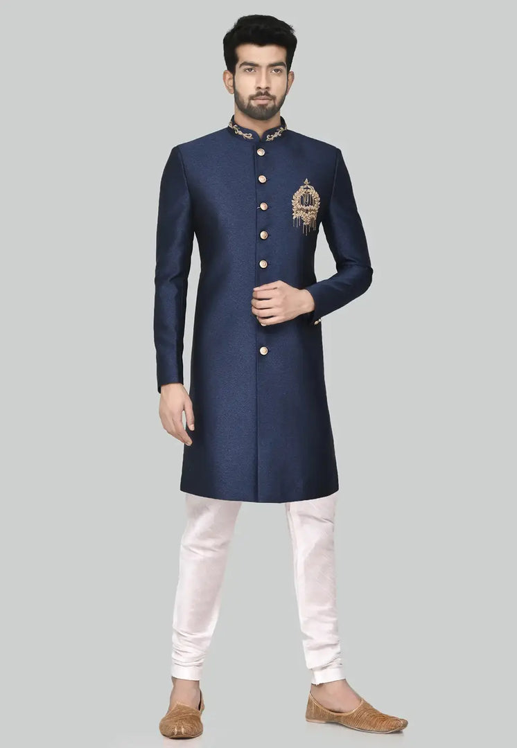 Navy Blue Rayon Indo Western Sherwani