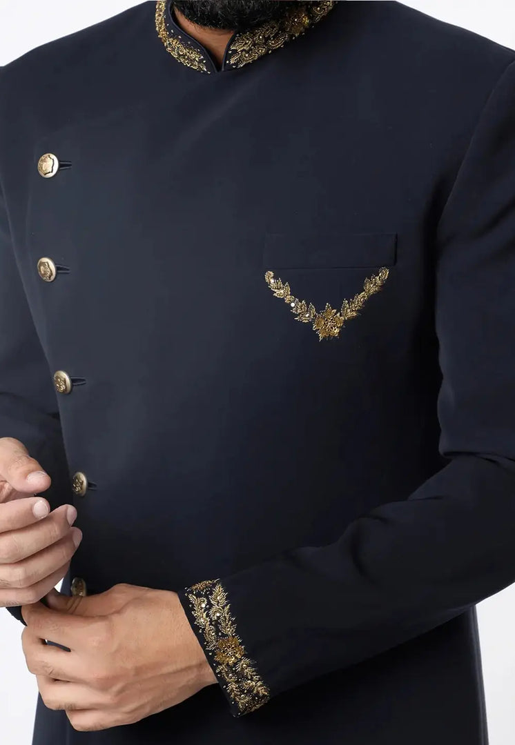 Navy Blue Rayon Indo Western Sherwani