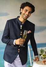 Load image into Gallery viewer, Navy Blue Rayon Jodhpuri Suit
