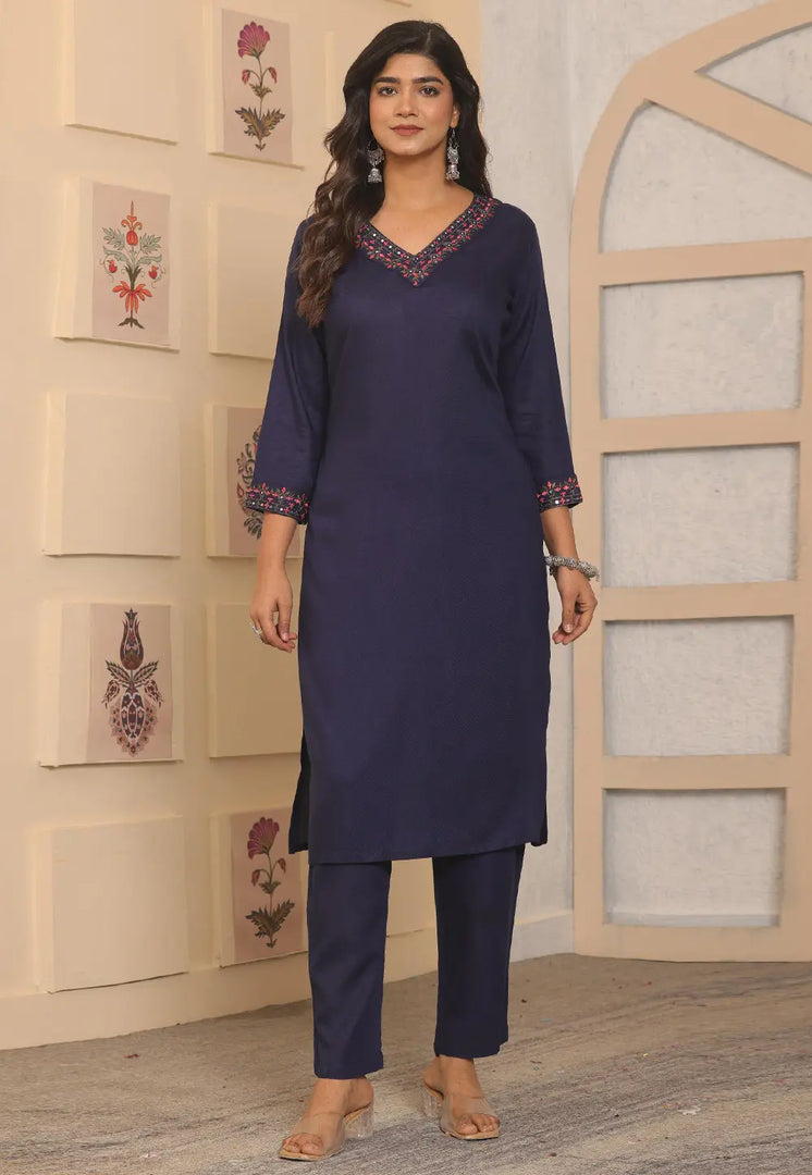 Navy Blue Rayon Kurta Set With Pent