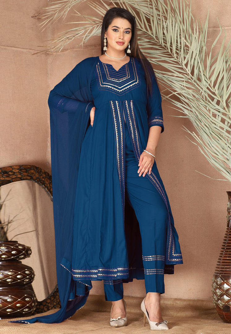 Navy Blue Rayon Readymade Center Slit Anarkali Suit