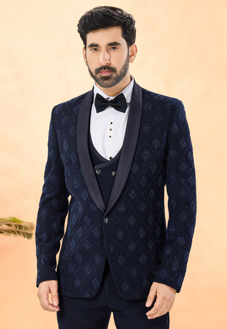 Navy Blue Rayon Tuxedos Suit