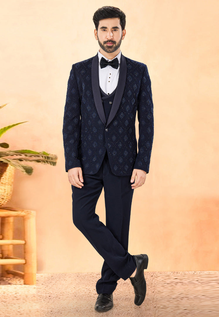 Navy Blue Rayon Tuxedos Suit