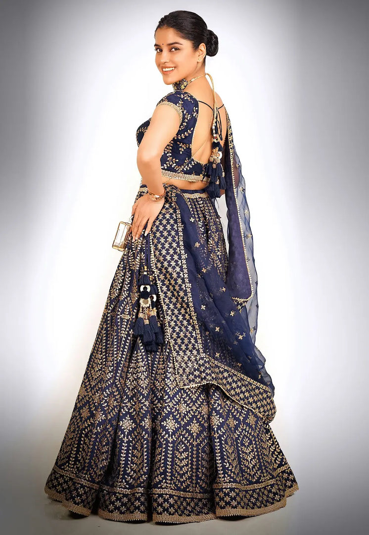 Navy Blue Satin Silk Circular Lehenga Choli