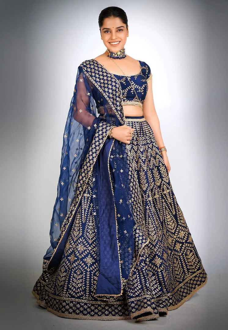 Navy Blue Satin Silk Circular Lehenga Choli