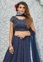 Load image into Gallery viewer, Navy Blue Satin Silk Circular Lehenga Choli

