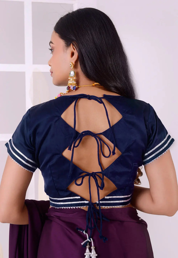 Navy Blue Satin Silk Readymade Blouse
