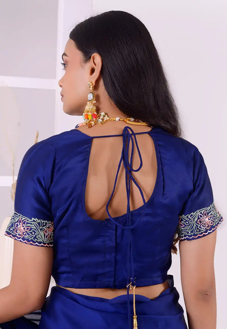 Navy Blue Satin Silk Readymade Blouse