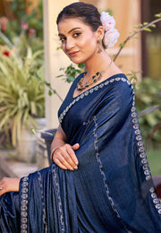 Navy Blue Shimmer Chiffon Saree With Blouse
