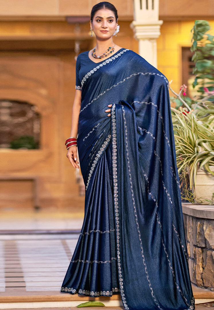 Navy Blue Shimmer Chiffon Saree With Blouse