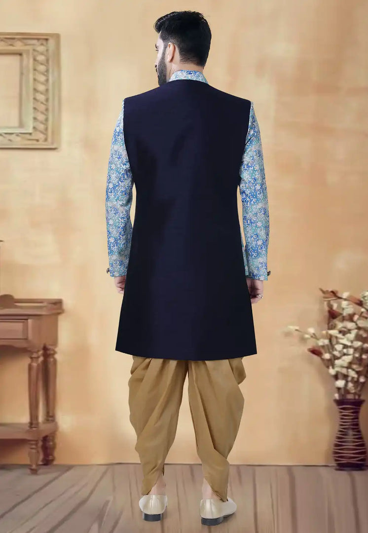 Navy Blue Silk Dhoti Sherwani
