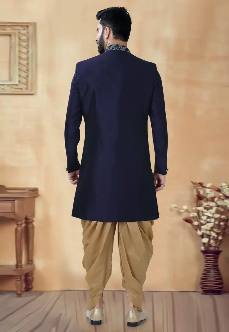 Navy Blue Silk Dhoti Sherwani